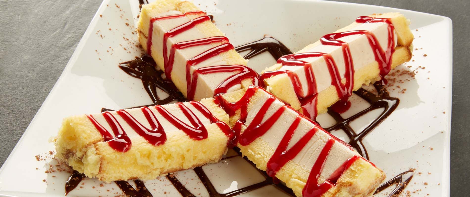 Battered cinnamon-swirl ice cream, finished with raspberry and chocolate sauces